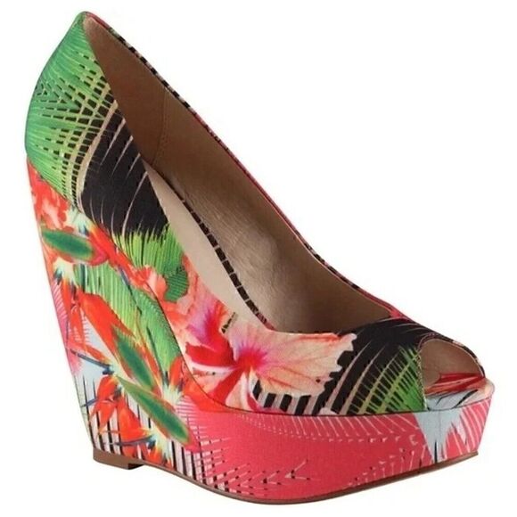 ALDO Womens Tropical Print Hazinski Peep Toe Wedges Size 7.5 - Picture 1 of 10